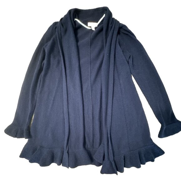 Lily Pulitzer 100% Cashmere Open Cardigan Navy Shawl collar ruffle Hem Eyelit - Picture 3 of 14